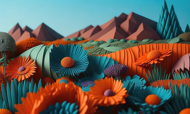Kleurrijk abstract berglandschap met velden in de regenboog kleur van papieren bloemen