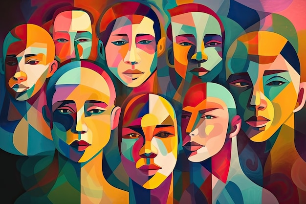 Kleurrijk abstract geschilderde mannen- en vrouwengezichten Maatschappijconcept Generatieve AI