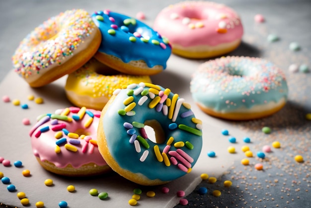 Kleurrijk assortiment donuts op een donkere achtergrond