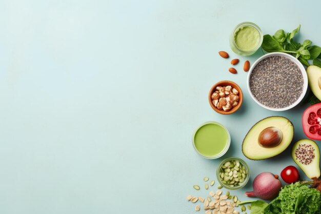 Foto kleurrijk assortiment van voedzame ingrediënten die 'dieet en schoon eten' verbeteren via vibrant