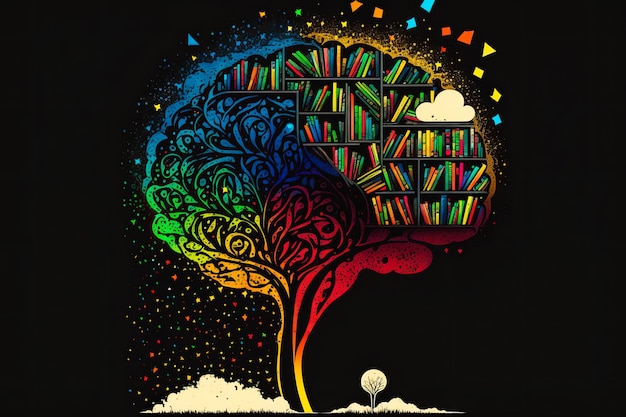 Kleurrijk beeld van een boom met boeken erin Generatieve AI