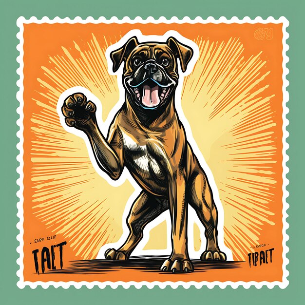 Kleurrijk bevriezen van het speelse moment van een bokserhond met bokserpak Sta Animal Stamp collectie idee