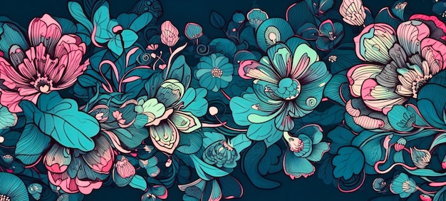 Kleurrijk bloemdessin in blauwe en roze kleur