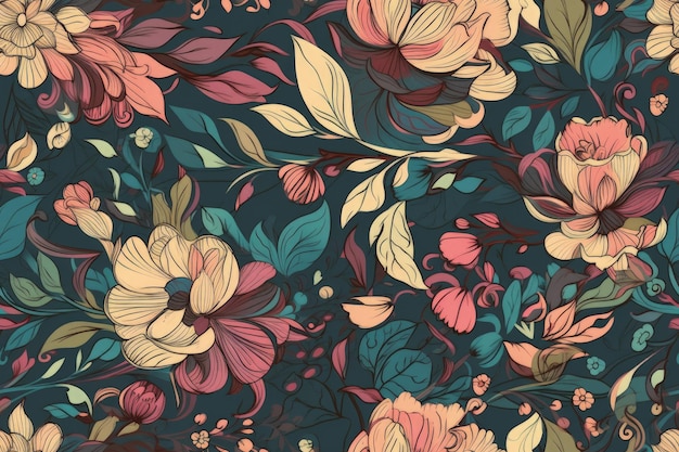 Kleurrijk bloemenbehangpatroon met verschillende bloemen en bladeren Generatieve AI