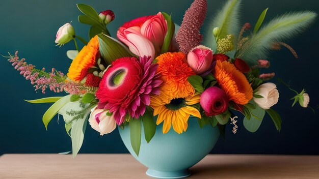 Foto kleurrijk boeket bloemen in een vaas op tafel