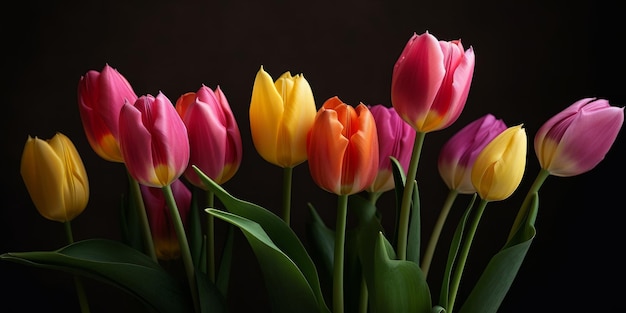 Kleurrijk boeket verse lente tulp bloemen Zwarte achtergrond Roze gele rode tulpen