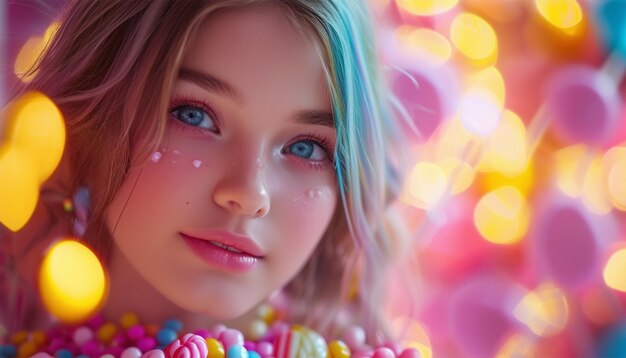 Foto kleurrijk candy girl op lollipop achtergrond