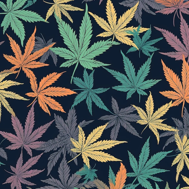 Kleurrijk cannabisbladerenpatroon op zwarte achtergrond Generatieve AI