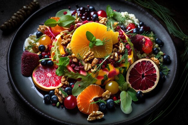 Kleurrijk en helder bord met vers, gezond voedsel gemaakt van sappig fruit AI