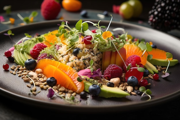 Kleurrijk en helder bord met vers, gezond voedsel gemaakt van sappig fruit AI