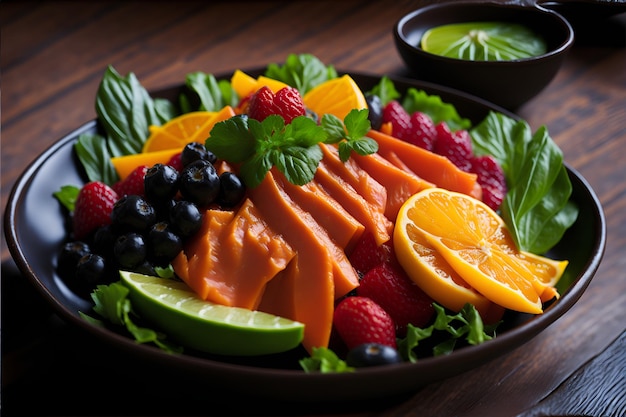 Kleurrijk en helder bord met vers gezond voedsel gemaakt van sappige vruchten