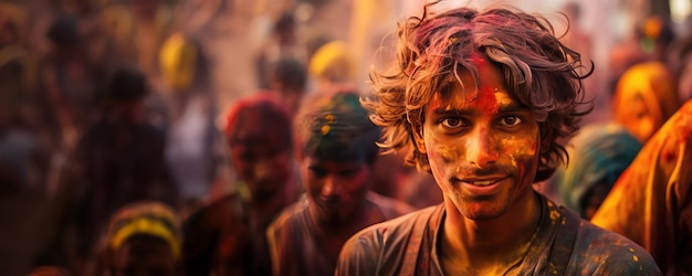 Kleurrijk festival in India Mannen met rommelig haar en vrouwen met kleur op hun gezicht