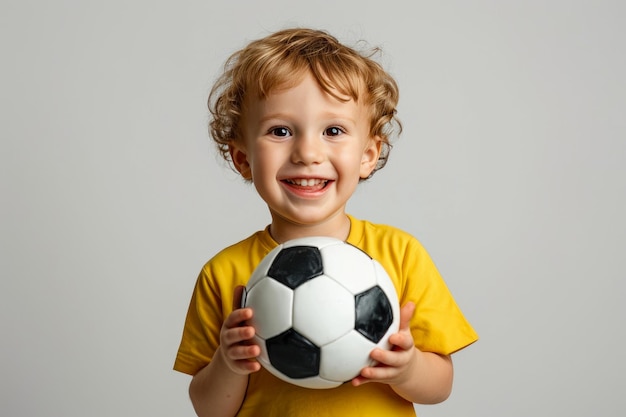 Kleurrijk geluk kind met witte tanden en een voetbal in de hand