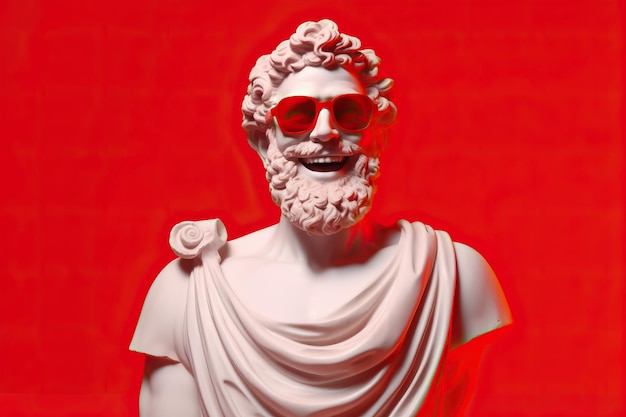 kleurrijk grieks godsstandbeeld buigend glimlachend dragend koele zonnebril