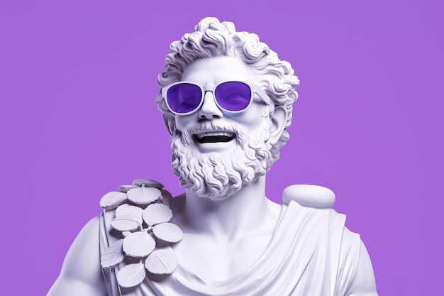 kleurrijk grieks godsstandbeeld buigend glimlachend dragend koele zonnebril