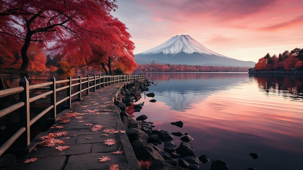 Kleurrijk herfstseizoen en berg Fuji met ochtendmist en rode bladeren aan het Kawaguchiko-meer is er één