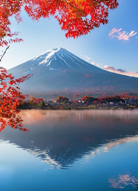 Foto kleurrijk herfstseizoen en de berg fuji met ochtendnevel en rode bladeren_ai_generated