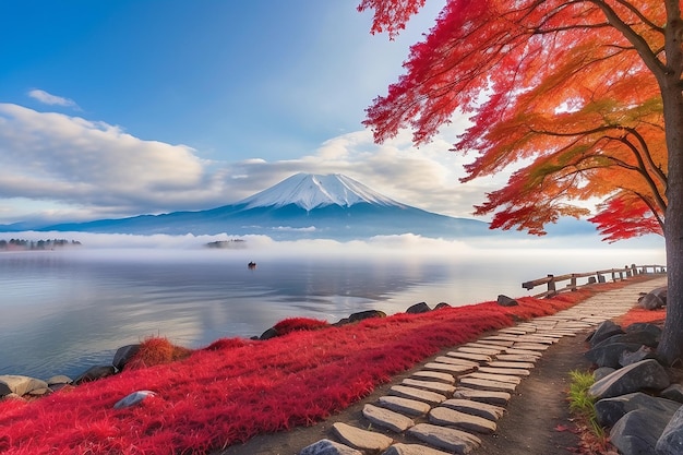 Kleurrijk herfstseizoen en de berg Fuji met ochtendnevel en rode bladeren bij het meer Kawaguchiko is een van de beste plaatsen in Japan