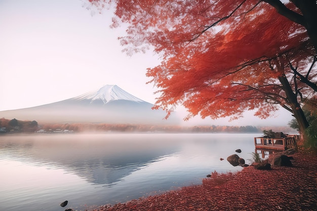 Kleurrijk herfstseizoen en Mount Fuji met rode bladeren aan Lake Kawaguchiko AI