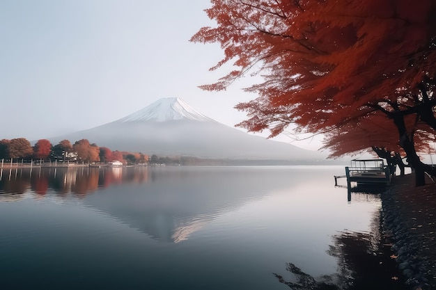 Kleurrijk herfstseizoen en Mount Fuji met rode bladeren aan Lake Kawaguchiko AI