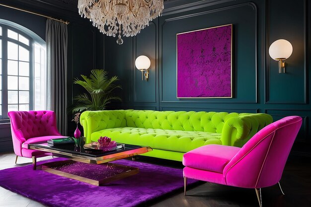 Kleurrijk interieur woonkamer design fluweel neon kleur luxe