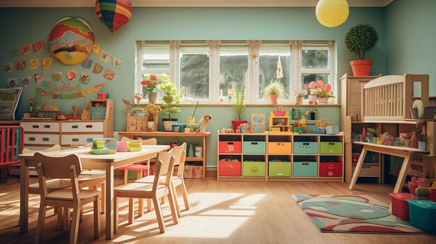Kleurrijk KINDERGARDEN klaslokaal met speelgoed en educatief materiaal