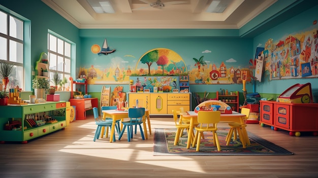 Kleurrijk KINDERGARDEN klaslokaal met speelgoed en educatief materiaal