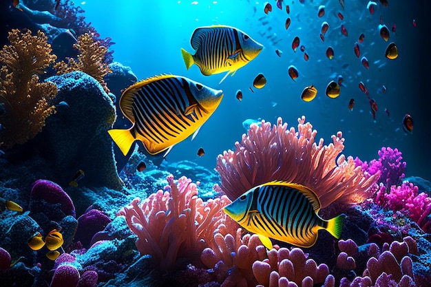 Kleurrijk koraalrif en vissen Schone onderwaterwereld gemaakt met generatieve AI-technologie