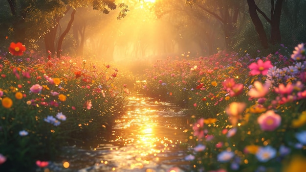 Kleurrijk landschap met bloemen en rivieren Een romantische plek om te ontspannen