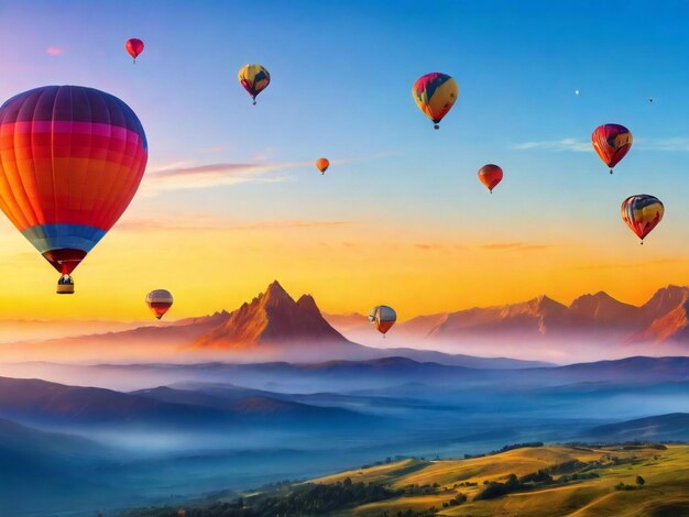 Foto kleurrijk landschap van de ochtend en bergen met een luchtballon bij zonsopgang