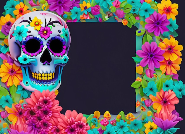 kleurrijk menselijk schedel- en bloemenframe met kopieerruimte Dag van het dode concept