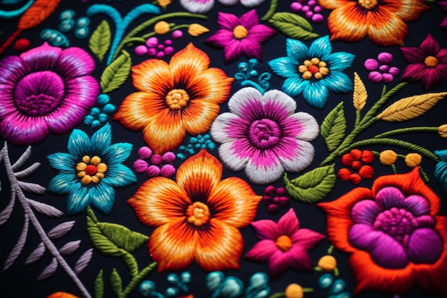 Kleurrijk Mexicaans borduurwerk bloemmotief Vintage florale achtergrond Ai gegenereerd