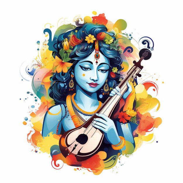 Kleurrijk muziekinstrument Happy Krishna Janmashta op wit