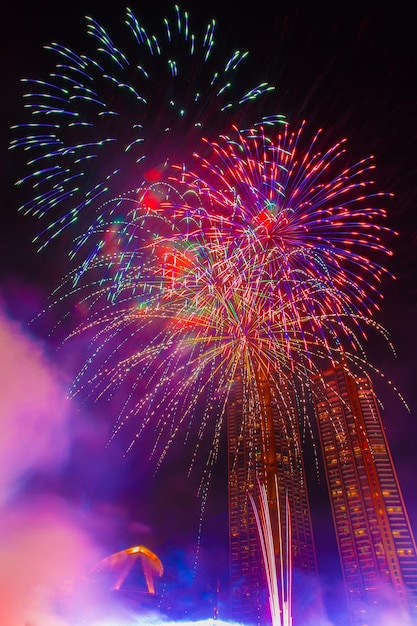 Kleurrijk nieuwjaarsvuurwerk dat de nachtelijke hemel verlicht bij de Chao Phraya-rivier als nieuwjaarsdag