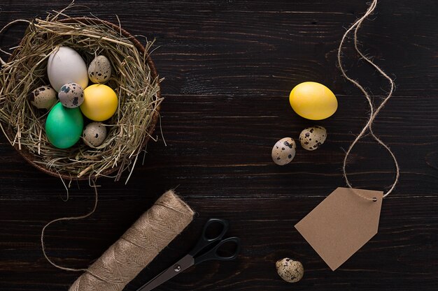 Kleurrijk paasei in nest op donker houten bord