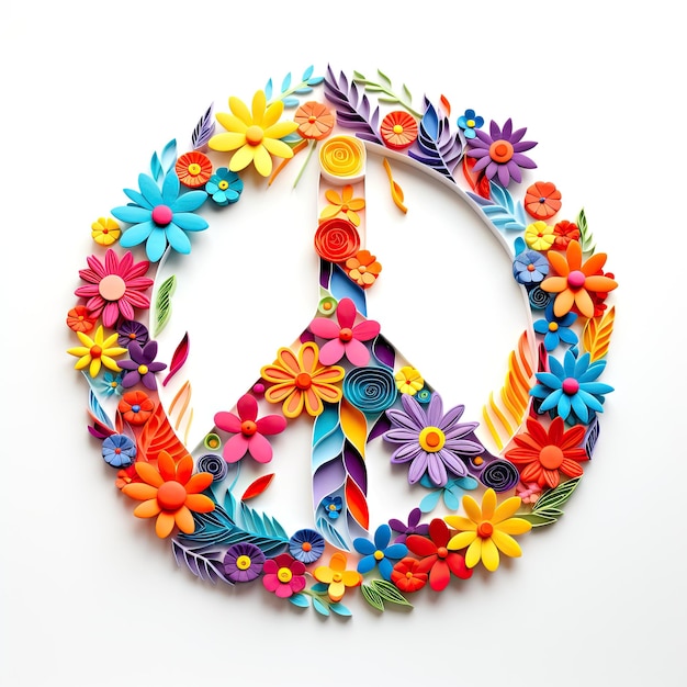 Foto kleurrijk papier gesneden pacifistisch vredessymbool met bloemen op witte achtergrond