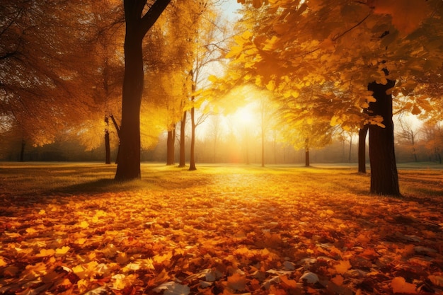 Kleurrijk park met vallende bladeren, gele bomen en een zonnig groen landschap, een prachtige herfstachtergrond