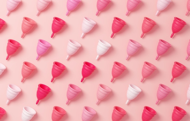 Kleurrijk patroon van menstruatiecups op een roze achtergrond voor bannerontwerp in plat liggende 3D-afbeelding