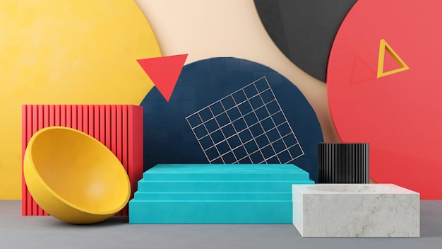 Kleurrijk podium met geometrische vormen 3D Render productplaatsing