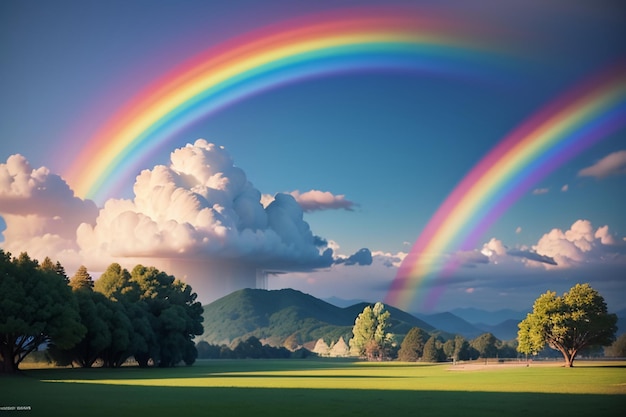 Foto kleurrijk regenboogbehang regenlucht mooie regenboogachtergrond bosweidebloemen