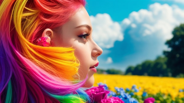 Foto kleurrijk schattig en mooi meisje in kleurrijke bloem
