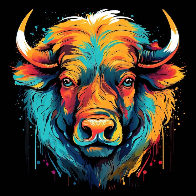 Kleurrijk schilderij van een bizonkop op zwarte achtergrond Zoogdieren Wilde dieren Illustratie Generatieve AI