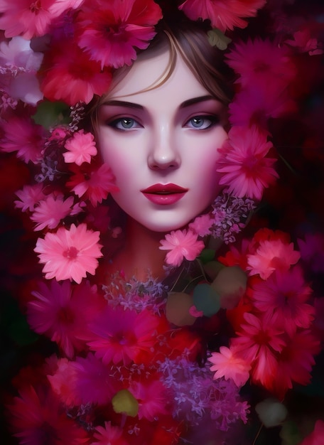 Kleurrijk schilderij van het gezicht van een mooie vrouw, Portret van een mooie vrouw met bloemen.