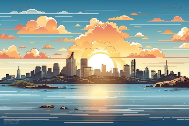 Kleurrijk stadsbeeld bij zonsondergang Generatieve AI