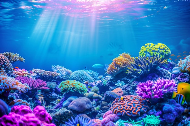 Kleurrijk tropisch koraalrif met vissen Levendige veelkleurige koralen in het zeaquarium Prachtig onder