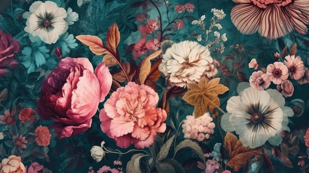 Kleurrijk Vintage Behang met Disco Retro Vibes en Botanische Bloemen