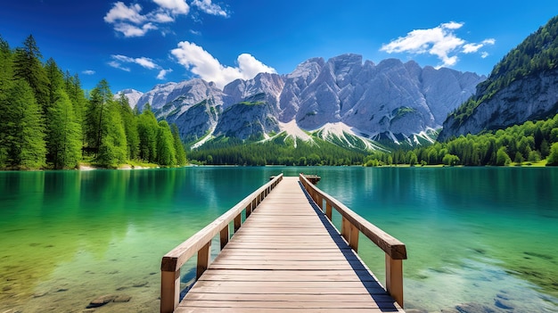 Foto kleurrijk zomerbeeld van het fusine-meer helder ochtendbeeld van de juliaanse alpen generatief ai