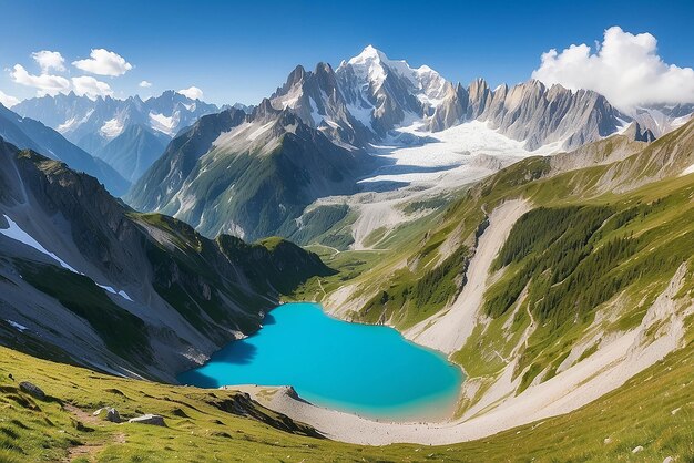 Kleurrijk zomerpanorama van het Lac Blanc meer met Mont Blanc Monte Bianco op de achtergrond Chamonix locatie Prachtig buitenland in Vallon de Berard Natuurreservaat Graian Alps Frankrijk Europa