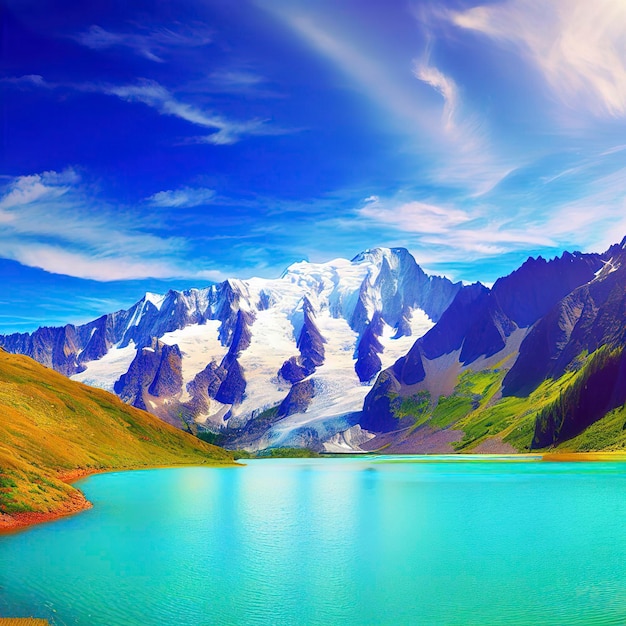 Kleurrijk zomerpanorama van het Lac Blanc meer met Mont Blanc Monte Bianco op de achtergrond