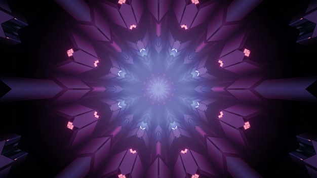 Kleurrijke 3d illustratie van eindeloze ronde gevormde donkere tunnel met symmetrisch geometrisch interieur en gloeiende paarse neonverlichting als abstracte sci fi architectuurachtergrond
